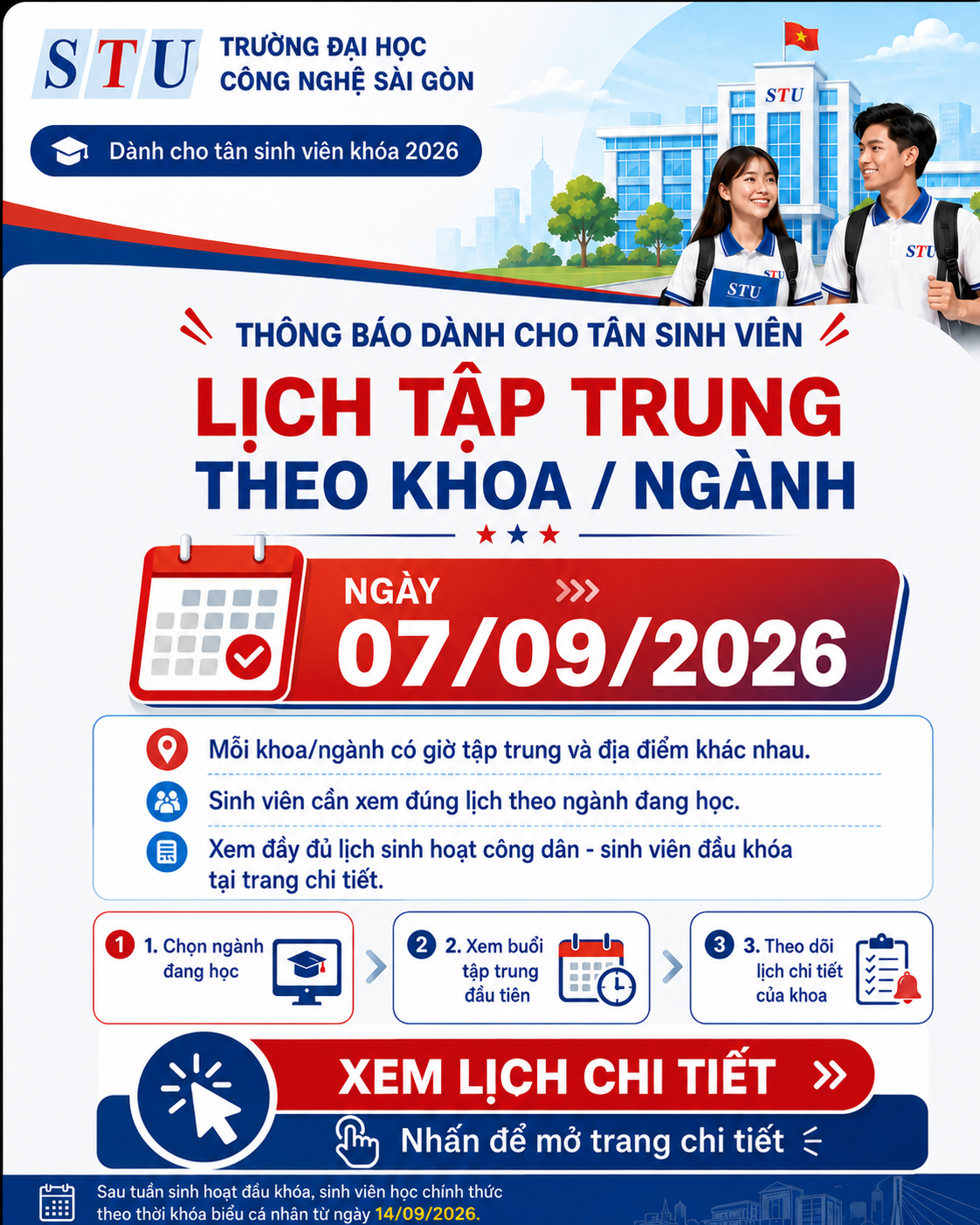 Thông báo dành cho tân sinh viên - Lịch tập trung theo khoa, ngành